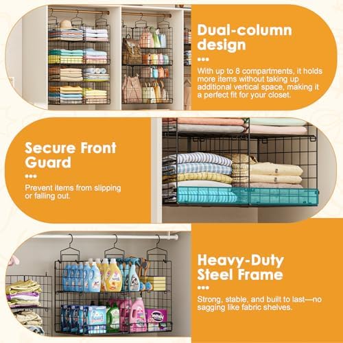 Hanging Closet Organizer with DIY Spacing, Double-Row Closet Hanging Shelves ...