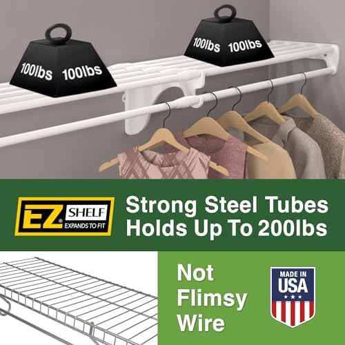 EZ SHELF - Hanging Shelf - Closet Rod - Expands 63.3-118” - White, Closet She...