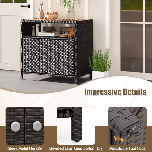 HAPPYGRILL Outdoor Rattan Storage Cabinet, Patio Sideboard Buffet Cabinet wit...