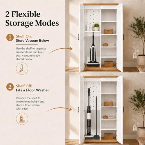 68.9" Wooden Broom Closet Storage Cabinet with Perforated Wood Panel and...
