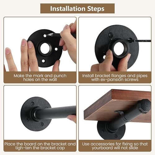 8 Inch Industrial Pipe Shelf Brackets Set of 8, Black Wall Shelving