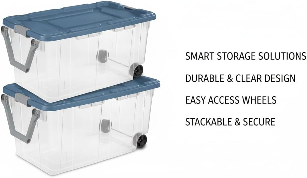 160 Quart Extra Large Clear Rolling Storage Bins 2-Pack, Blue Heavy-Duty Plas...