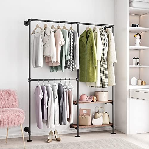 Industrial Pipe Clothes Racks with Black Shelves, Industrial Pipe Black Cloth...