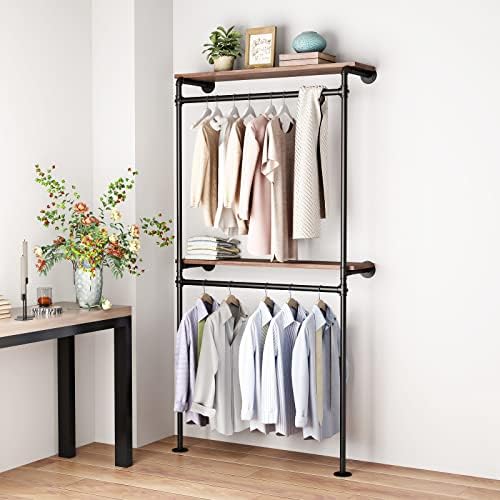 DR.IRON Industrial Pipe Clothing Racks with 2 Tier Shelves, Wall Mounted Blac...