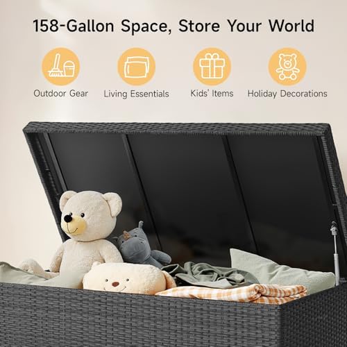 ONBRILL 158 Gallon XL Wicker Deck Box, Outdoor Patio Storage Box, Black