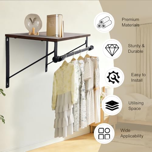 Wall Mounted Shelf with Hanging Rod, Laundry Room Shelves, Space Saving Organ...