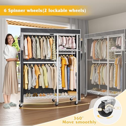 Raybee Clothes Rack with Cover, Rolling Portable Closet, 4 Hanging Zone
