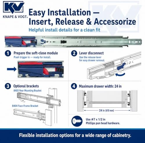 Knape & Vogt Side Mount Soft-Close Drawer Slide, Pair, Inch