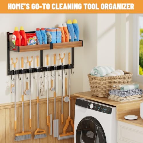Broom Holder Wall Mount, Broom and Mop Organizer Wall Hanging with Shelf