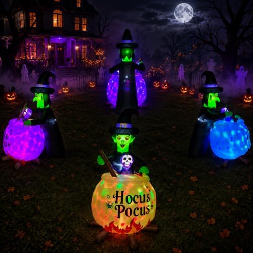 6 FT Halloween Inflatable Witch and Cauldron with RGB Lighted Halloween Blow ...