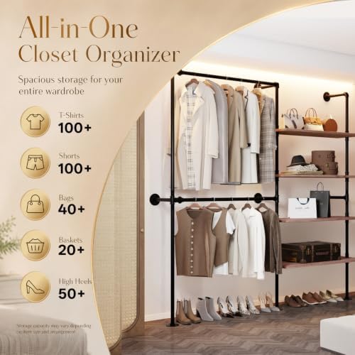 Wall Mounted Clothing Rack, Heavy Duty Pipe Closet, Pine Shelves, 76 In