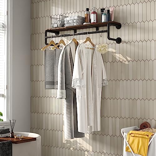 Industrial Pipe Clothes Rack with Top Shelf and 3 Hooks, 41''L Wall M...