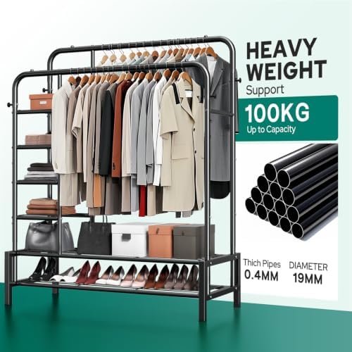Clothes Rack with Shelves, Double Rods Clothing Rack for Bedroom, Black