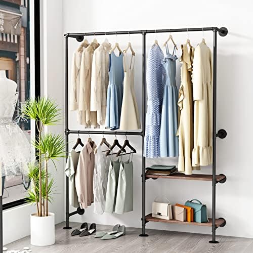 Industrial Pipe Clothes Racks with Black Shelves, Industrial Pipe Black Cloth...