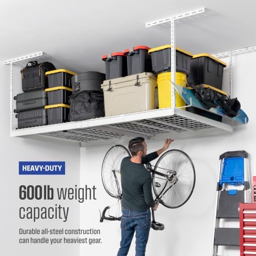 SafeRacks White 4x8 Overhead Storage Rack w/ 5-pc Hook Pack (12”-24" Drop)