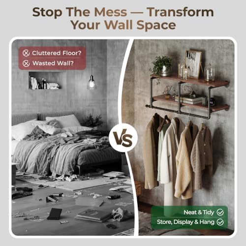 Industrial Pipe Clothing Rack with Top Shelf, Space-Saving Wall Mounted Cloth...