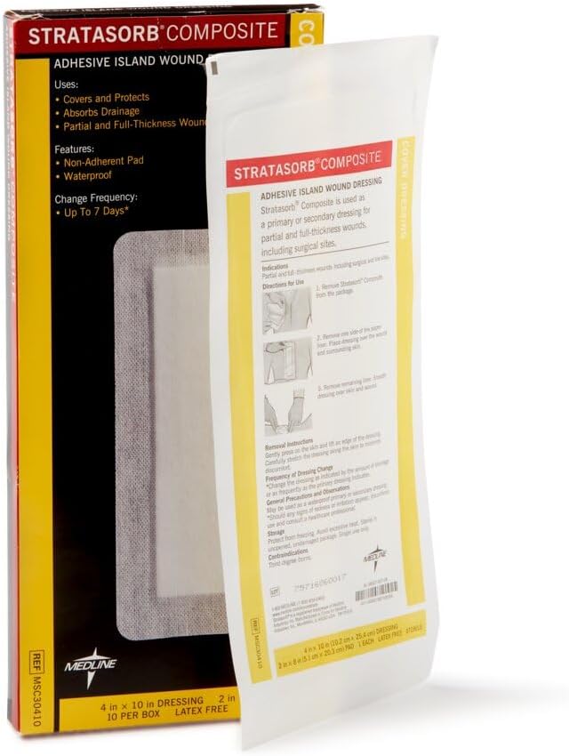 Medline Stratasorb Waterproof Adhesive Island Wound Dressings, 4 x 10 Inches,...