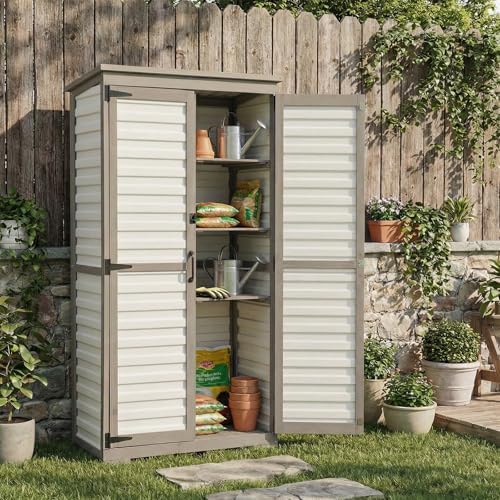 PetsCosset Outdoor Storage Cabinet with Shelves, Wood & Plastic Garden Sh...