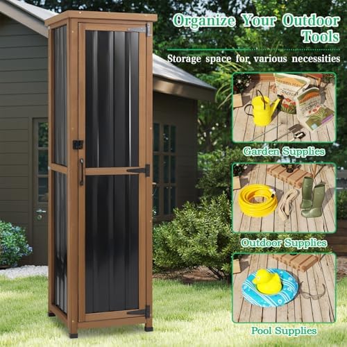 Tall Outdoor Storage Cabinet, Weatherproof Wooden Garden Potting Bench with M...