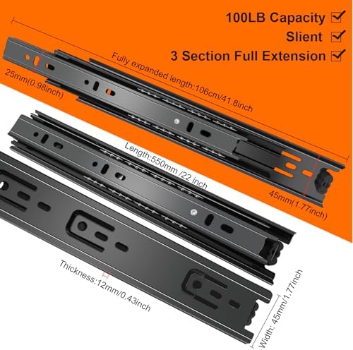 22 inch Drawer Slides 4 Pairs (8pcs) 3 fold Full Extension Side Mount Cabinet...