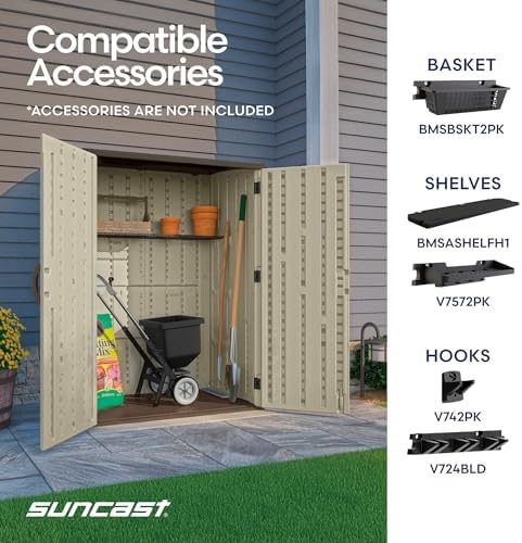 Suncast Outdoor Storage Shed, Water Resistant Resin Vertical Outdoor Storage ...