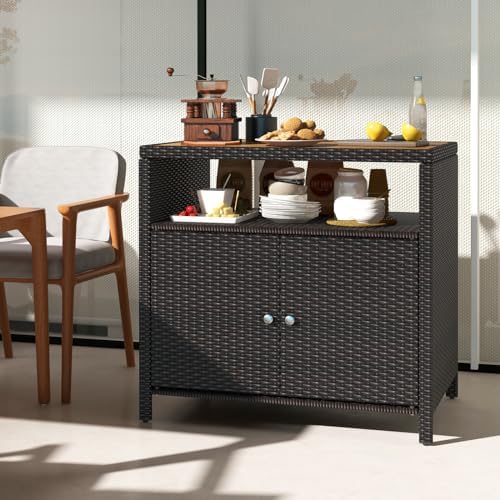 HAPPYGRILL Outdoor Rattan Storage Cabinet, Patio Sideboard Buffet Cabinet wit...