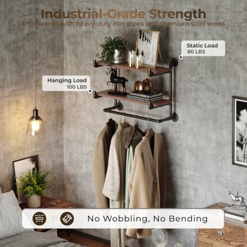 30in Industrial Pipe Clothing Rack, 2-Tier Wall Mounted