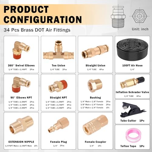 CheeMuii 37Pcs 1/4 Brass DOT Air Line Fittings with 100FT 1/4" DOT Air Line