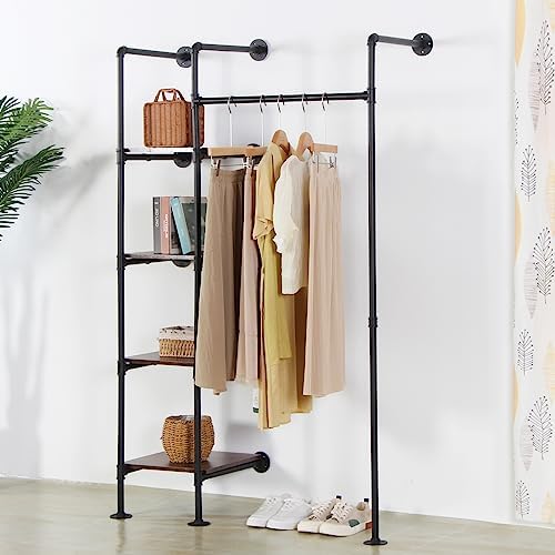 Industrial Pipe Clothing Rack with Shelves, 71inch Wall Mounted Closet Storag...