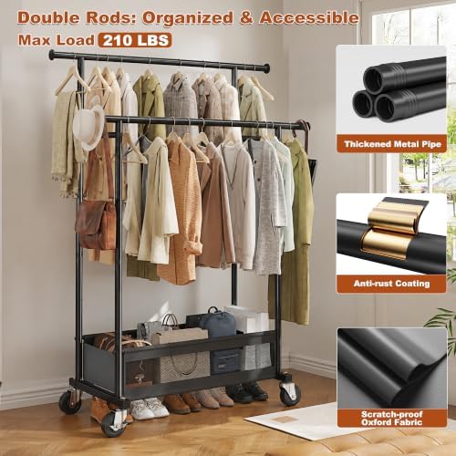 Clothes Rack 210 LBS Double Rods Extra Storage Basket