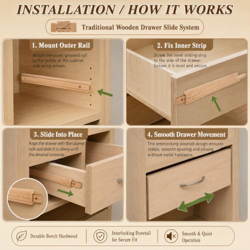 CYEAH 6 Pcs Wood Drawer Slides, 17 inch Wooden Drawer Slides, Wooden Undermou...