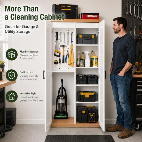 68.9" Wooden Broom Closet Storage Cabinet with Perforated Wood Panel and...