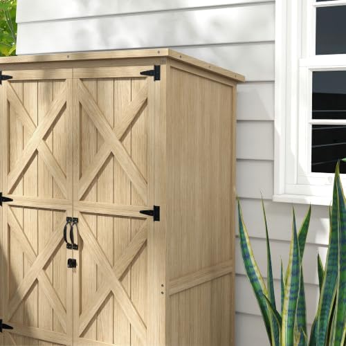 Outsunny Wooden Garden Shed with Waterproof Asphalt Roof, Shelves, Natural