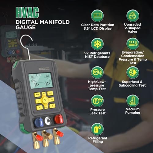 HVAC Digital Manifold Gauge Set for 92 Refrigerant Digital HVAC Gauges Pressu...