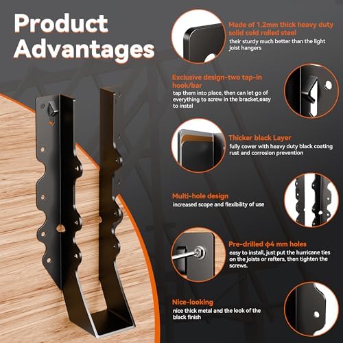 50 Pcs Black Joist Hangers 2X10, 18 Gauge Rafter Brackets , Hurricane Straps ...