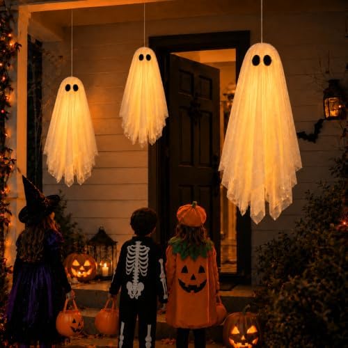 3 Pack Pre-Assembled Hanging Ghosts Halloween Decorations with Warm Glow,Ghos...