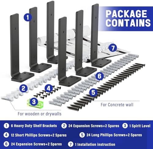 Goovilla Shelf Bracket, Floating Shelf Brackets 8 inch Long, 6 Pack, Black