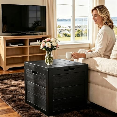 35 Gallon deck box outdoor waterproof, Resin Outdoor Storage, Black