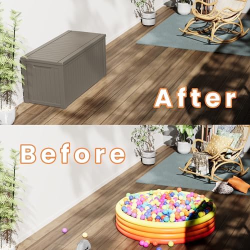 Outdoor Storage Box Waterproof, 200 Gallon Lockable Resin Large Deck Box, Pat...