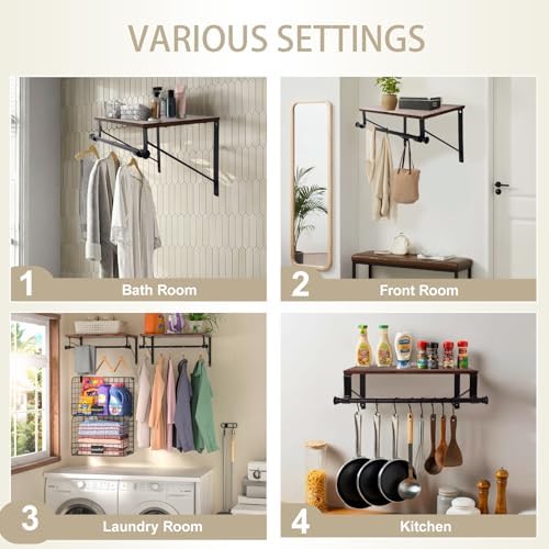 Wall Mounted Shelf with Hanging Rod, Laundry Room Shelves, Space Saving Organ...