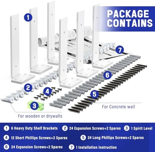 Goovilla Shelf Bracket, Floating Shelf Brackets 8 inch Long, 6 Pack, White