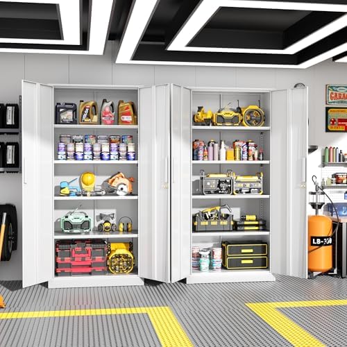 Greenvelly White Metal Storage Cabinet for Garage, 72” Steel Locking Cabinet ...