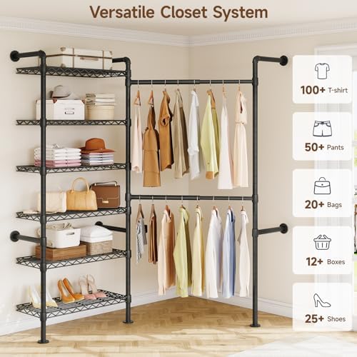 ONBRILL L2 Wall Mounted Closet System, Industrial Pipe Clothing Rack, Black