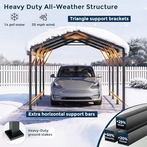 HOMSHADE 10x15FT Heavy Duty Metal Carport with 132° Steep Anti-Pooling Roof
