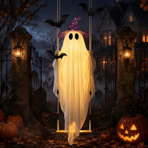 Halloween Ghost Decor with Bat & Hat - 11 FT Large Hanging Swinging Ghost