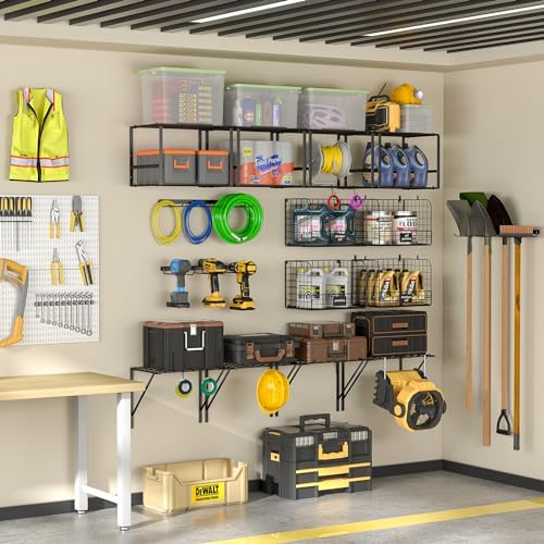 ThreeHio Garage Shelf Wall Mounted with Wire Baskets, Heavy Duty Garage Wall ...
