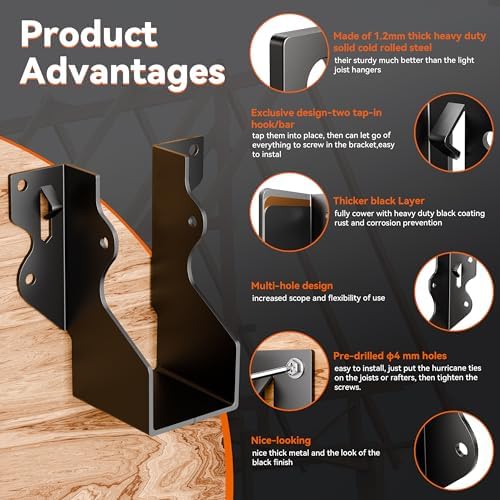 50 Pcs 2x4 Joist Hangers Black,18 Gauge Face Mount Joist Hangers 2x4 Deck, Ra...