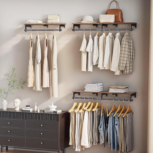 Luxspire 28.7" Wall Mount Clothes Rack with Wood Top Shelf Hanging Clothes