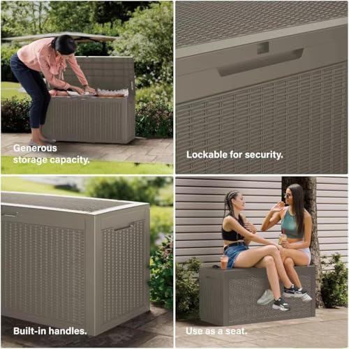 Outdoor Storage Box Waterproof, 200 Gallon Lockable Resin Large Deck Box, Pat...
