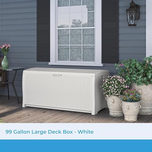 Suncast 99 Gallon Wicker Horizontal Outdoor Deck Box with Hinged Lid, Water-R...